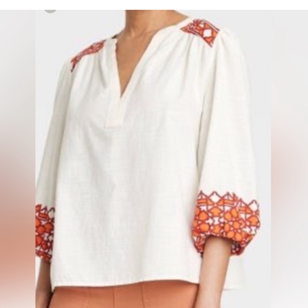 KNOX ROSE Women's Cream Balloon 3/4 Sleeve Woven Top Boho Southwestern Medium
